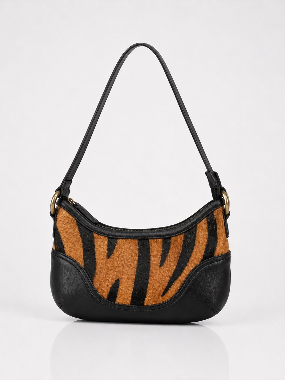 NWOT Free People Black Leather Shoulder Bag with Orange Tiger-Print Panels